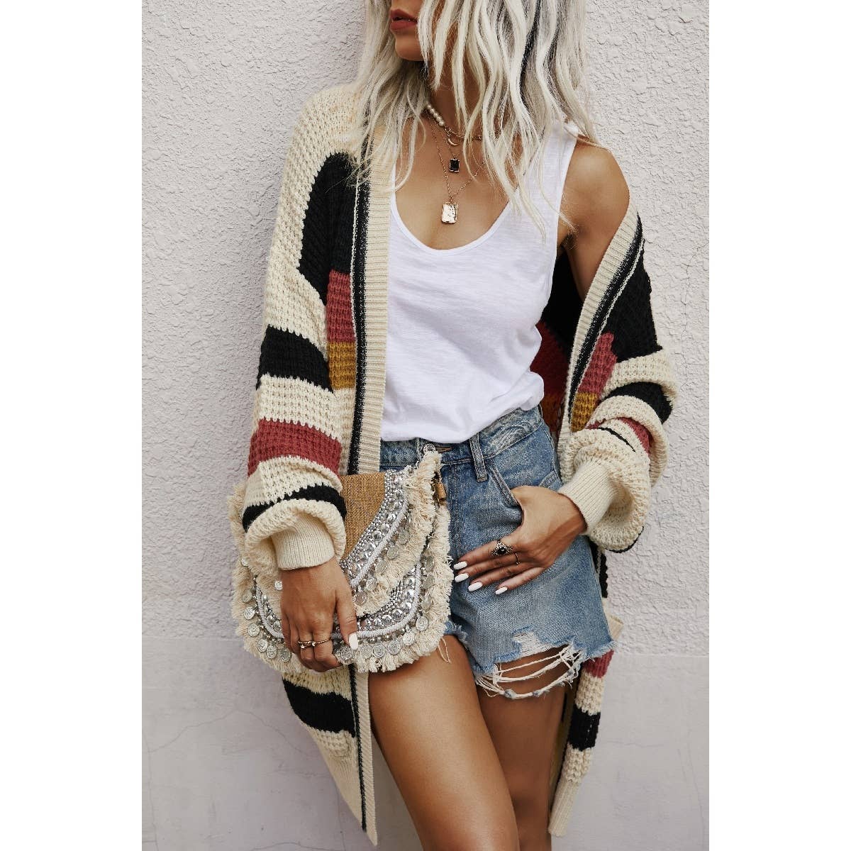 Knit Striped Color Block Long Sleeve Cardigan