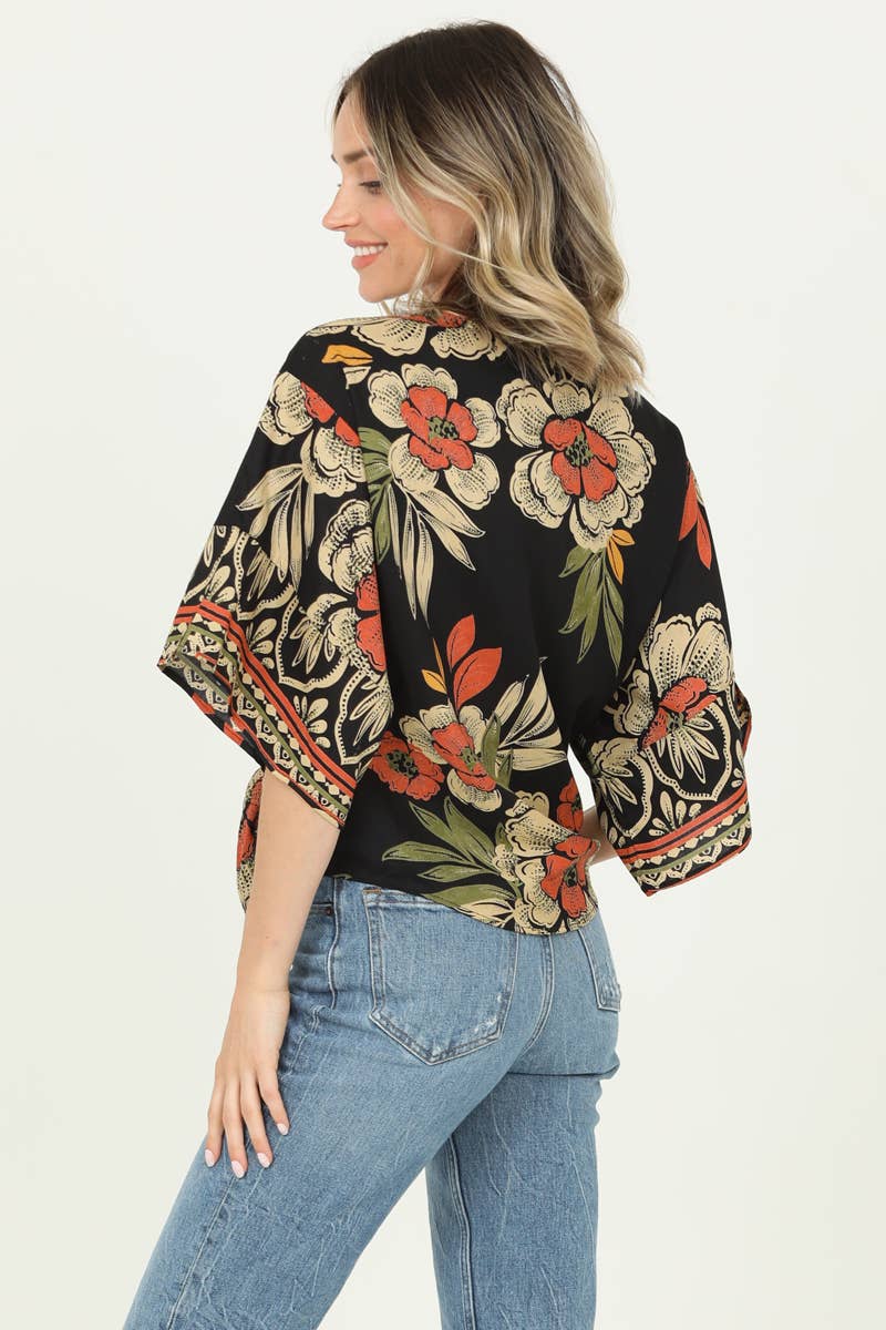 V NECK TIE WAIST KIMONO SLEEVE BLOUSE