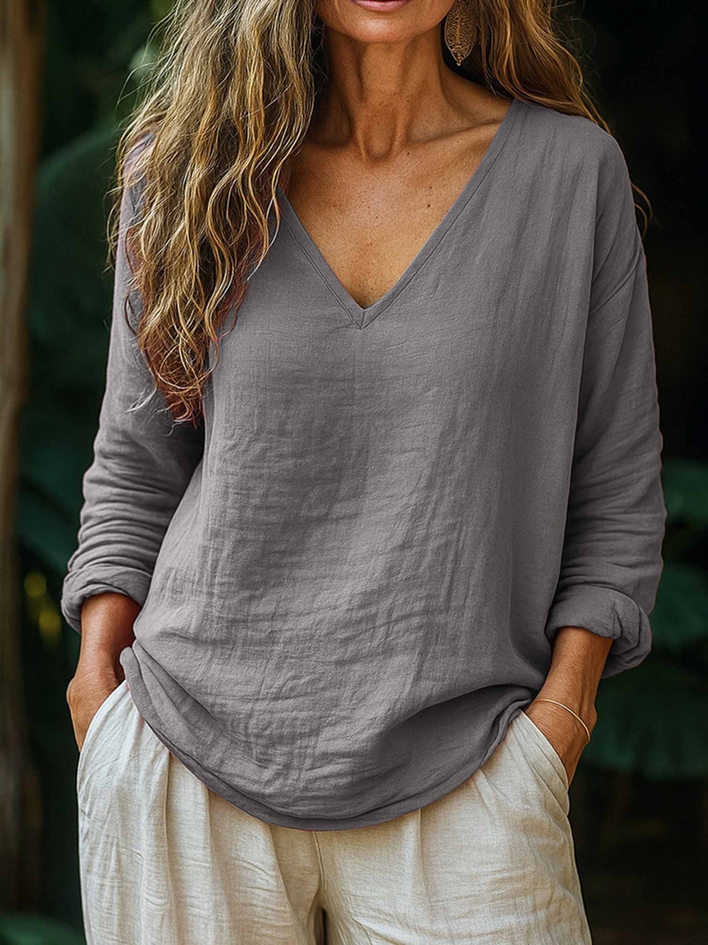Loose Linen-Like Long Sleeved V-neck Shirt: Gray