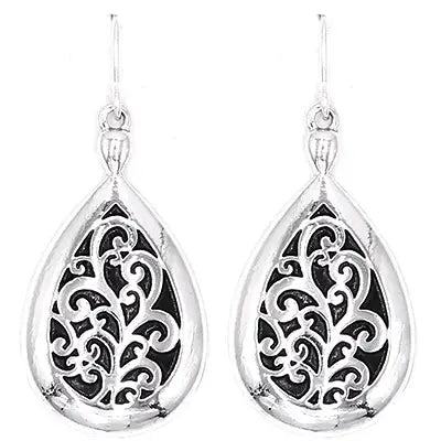 Antique Silver Filigree Teardrop Metal Earrings