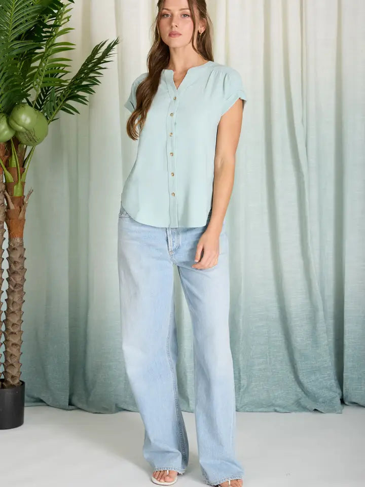 Cuffed Sleeve Button Down Lightweight Top - Mint
