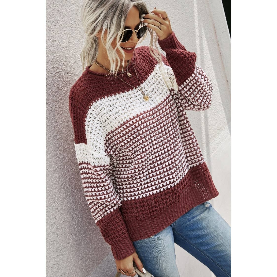 Color Block Knit Long Sleeves Sweater: Rust