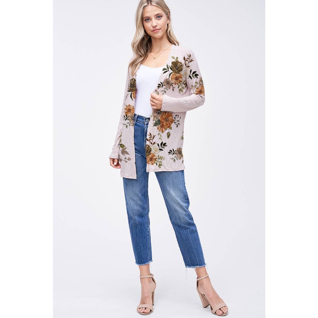 Fall Floral print rib long sleeve cardigan : GREY