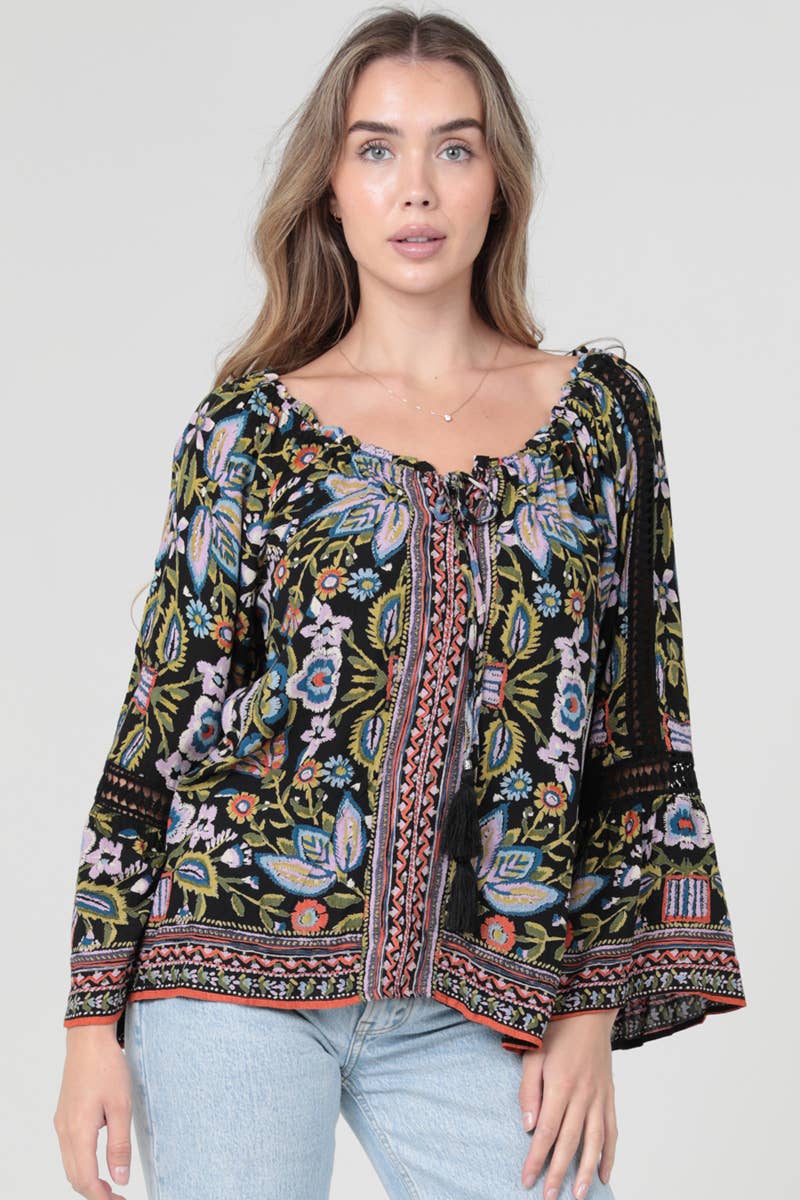 Lace Trim Bell Sleeve Printed Blouse