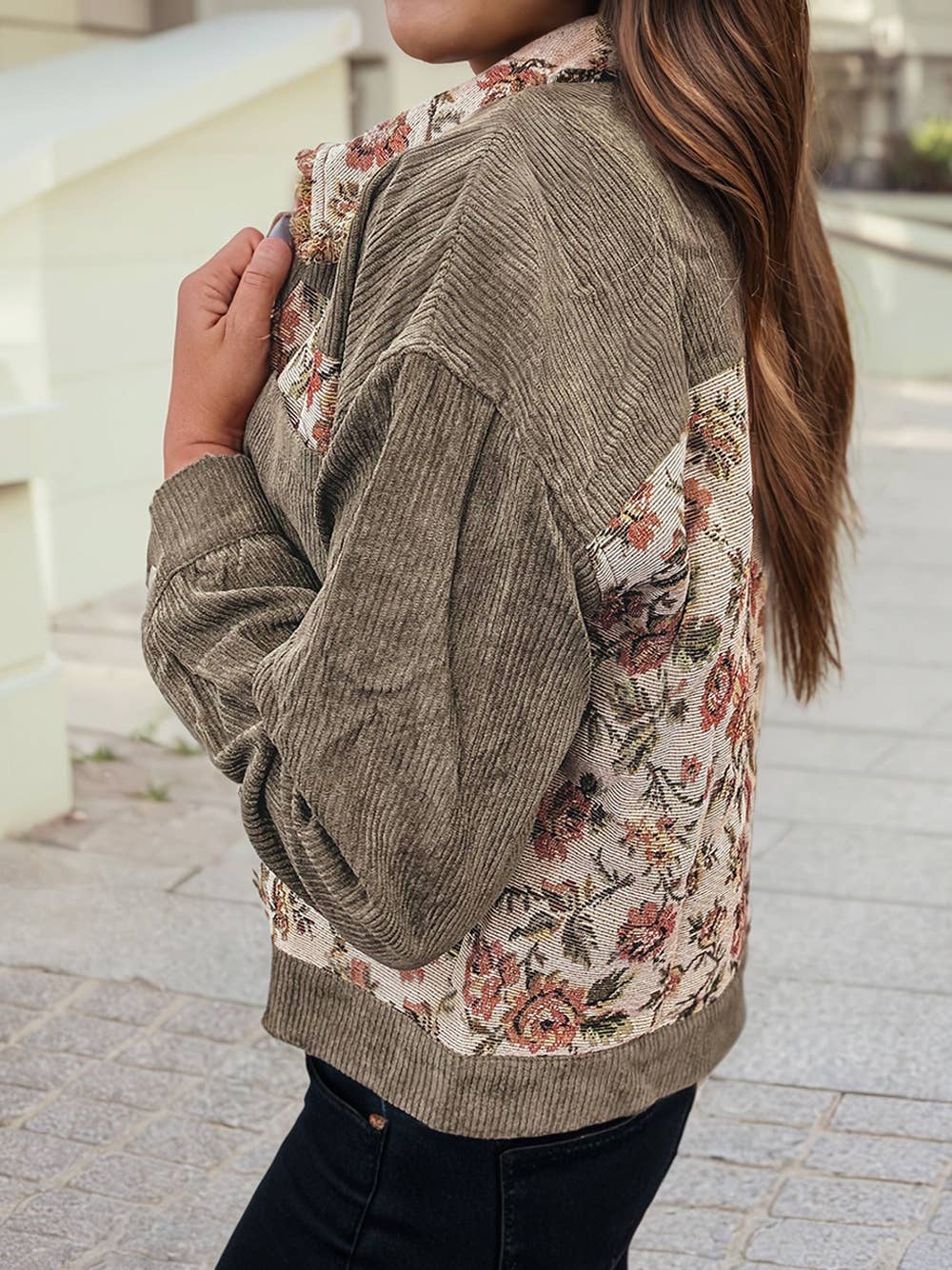 Ribbed Retro Floral Patchwork Shirt Style Jacket: Sage Green