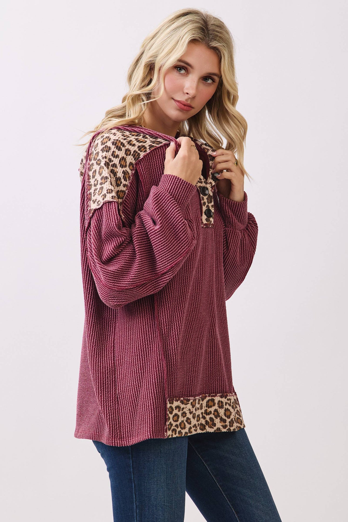 Leopard Contrast Button Front Hooded Sweatshirt ~ Burgundy