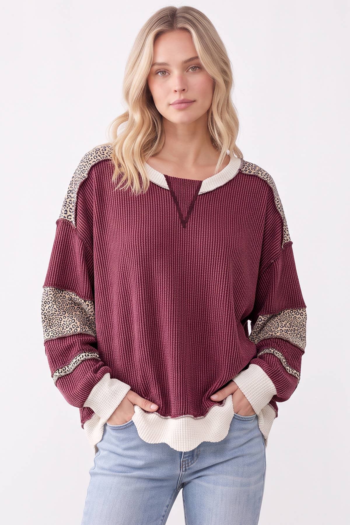 Leopard Print Contrast ribbed Sweatshirt : Burgundy