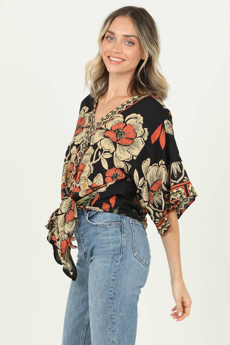 V NECK TIE WAIST KIMONO SLEEVE BLOUSE