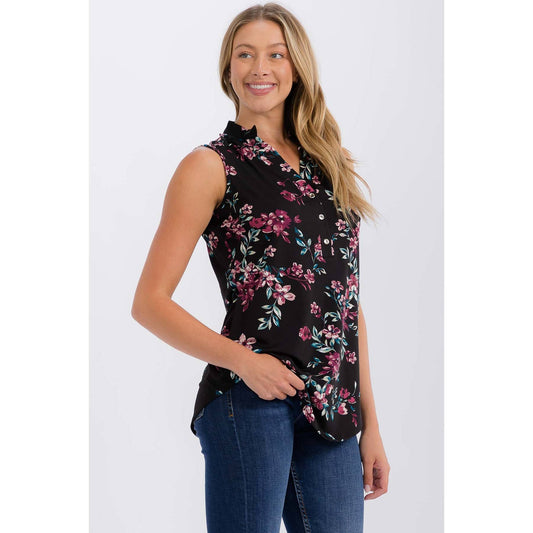FLORAL MANDARIN COLLAR V NECK SLEEVELESS SHIRT: BLACK/PLUM/TEAL
