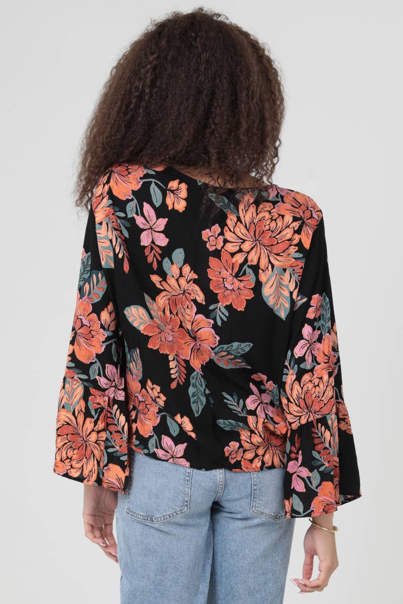 Black Floral V-Neck Twist Front Tie Waist Blouse