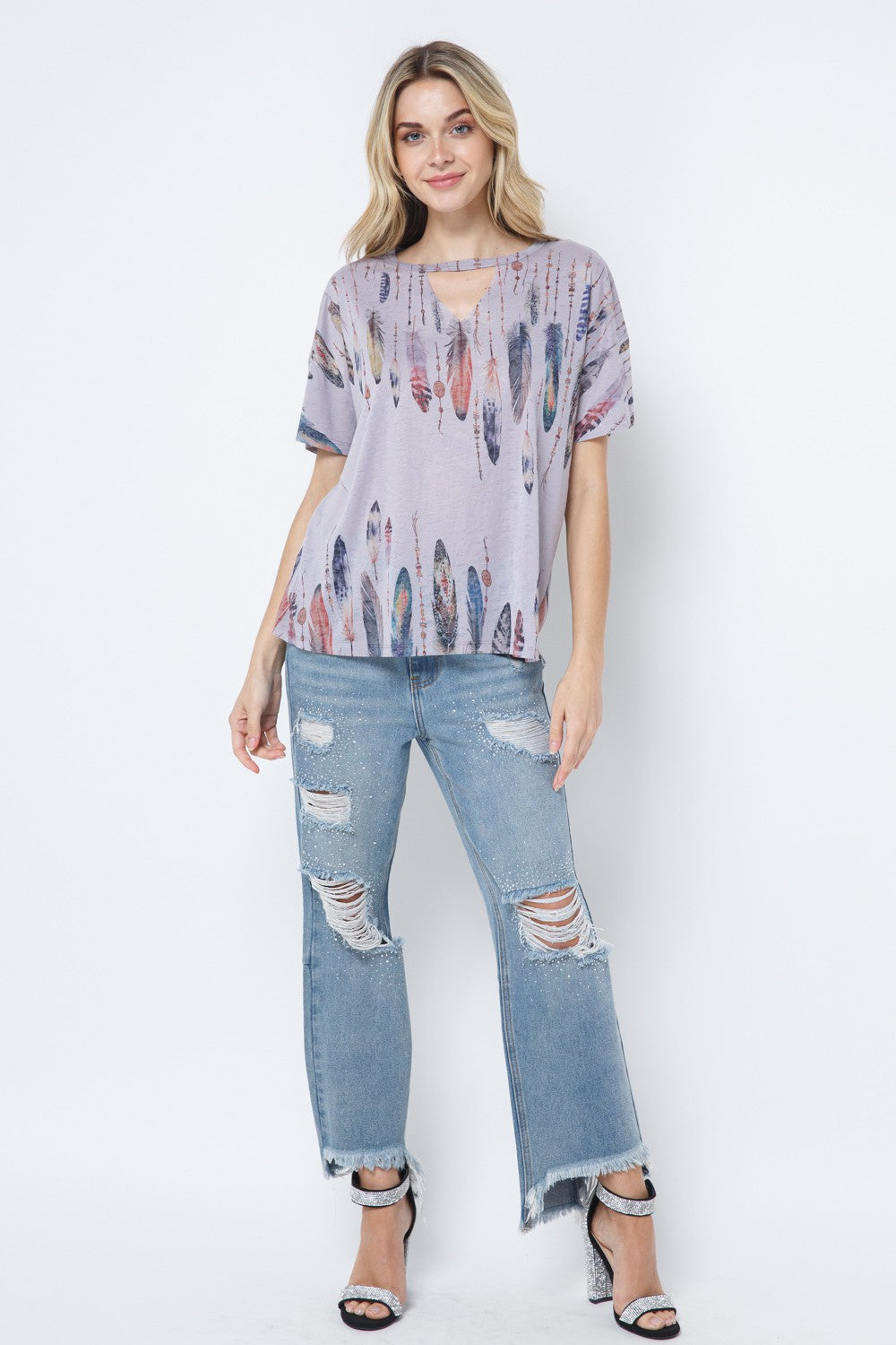 Cutout Feather Short Sleeve Top