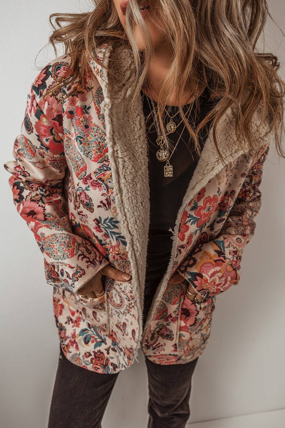 Floral Sherpa Lined Hooded Jacket: Beige