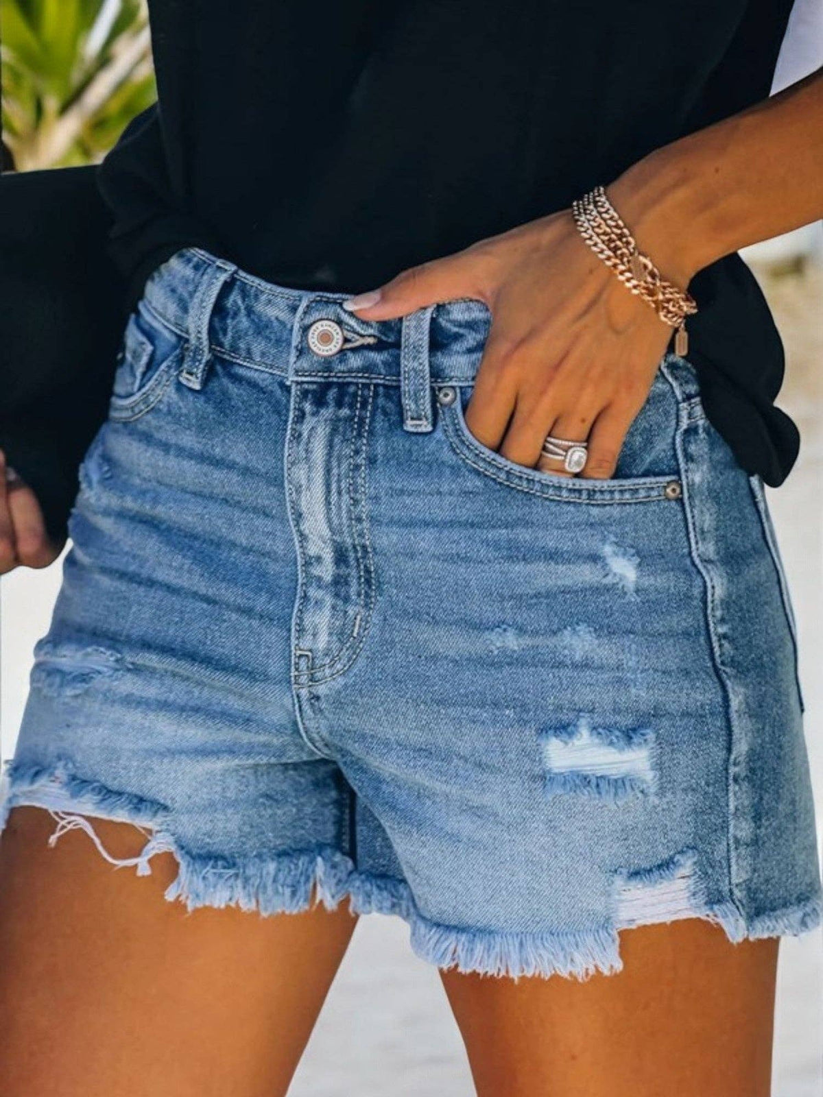 Distressed Frayed-Hem Denim Shorts