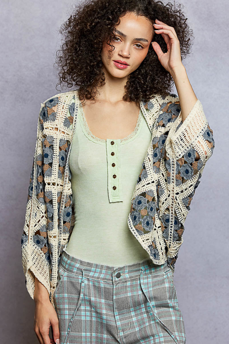 Charcoal multi crochet open cardigan with dolman sleeves by Pol Clothing