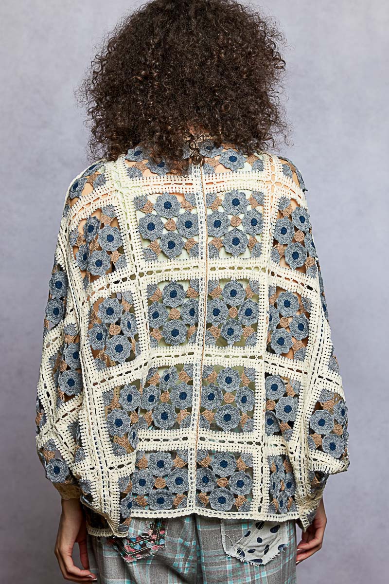 Charcoal multi crochet open cardigan with dolman sleeves by Pol Clothing