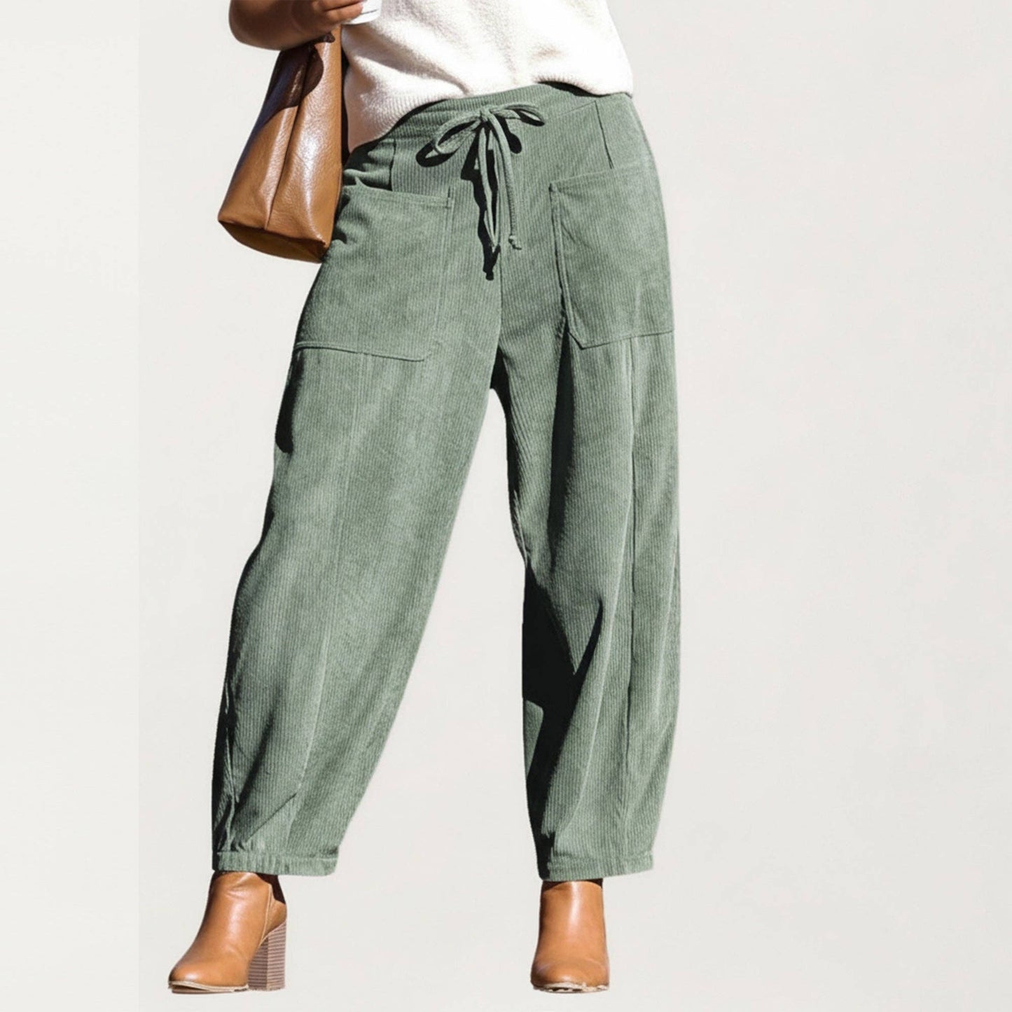 Drawstring High Waist Relaxed Corduroy Pants - Green