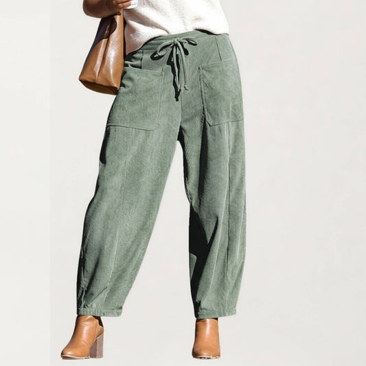 Drawstring High Waist Relaxed Corduroy Pants - Green
