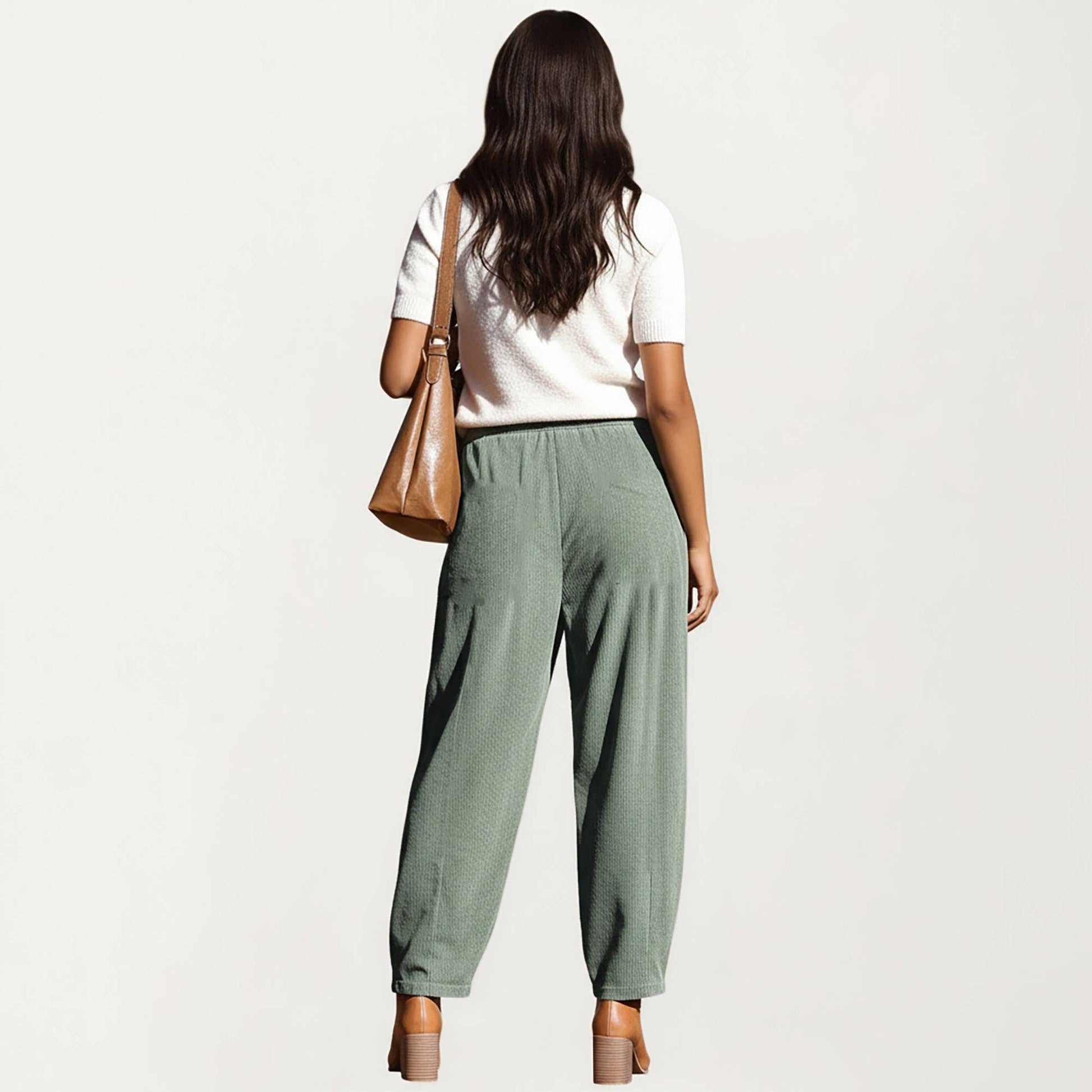 Drawstring High Waist Relaxed Corduroy Pants - Green, photo 3 of 5