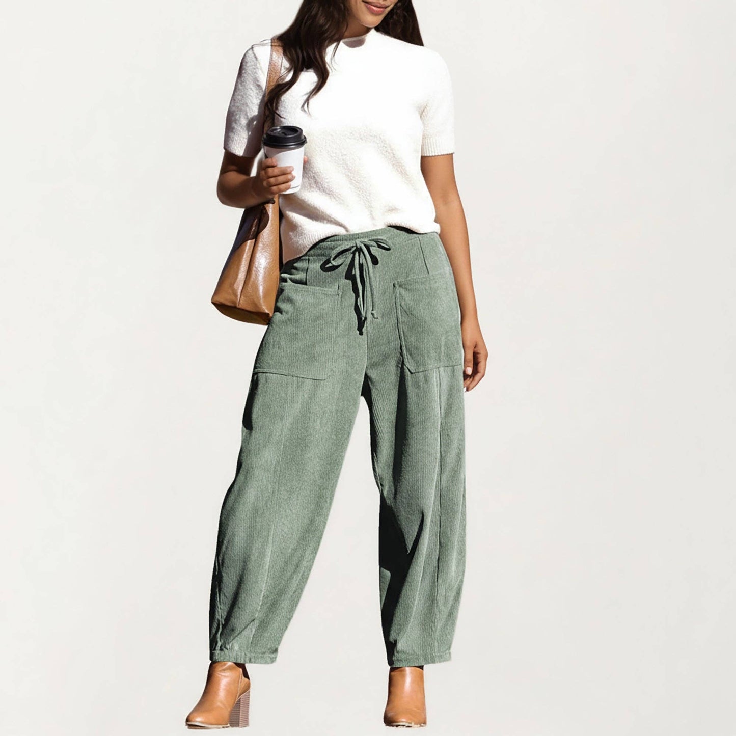 Drawstring High Waist Relaxed Corduroy Pants - Green, photo 4 of 5