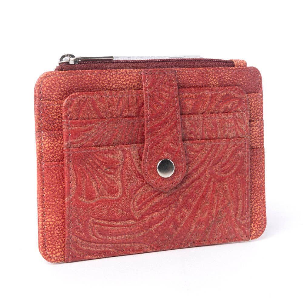 Driftwood Cove Embossed Leather RFID Card Holder - Red
