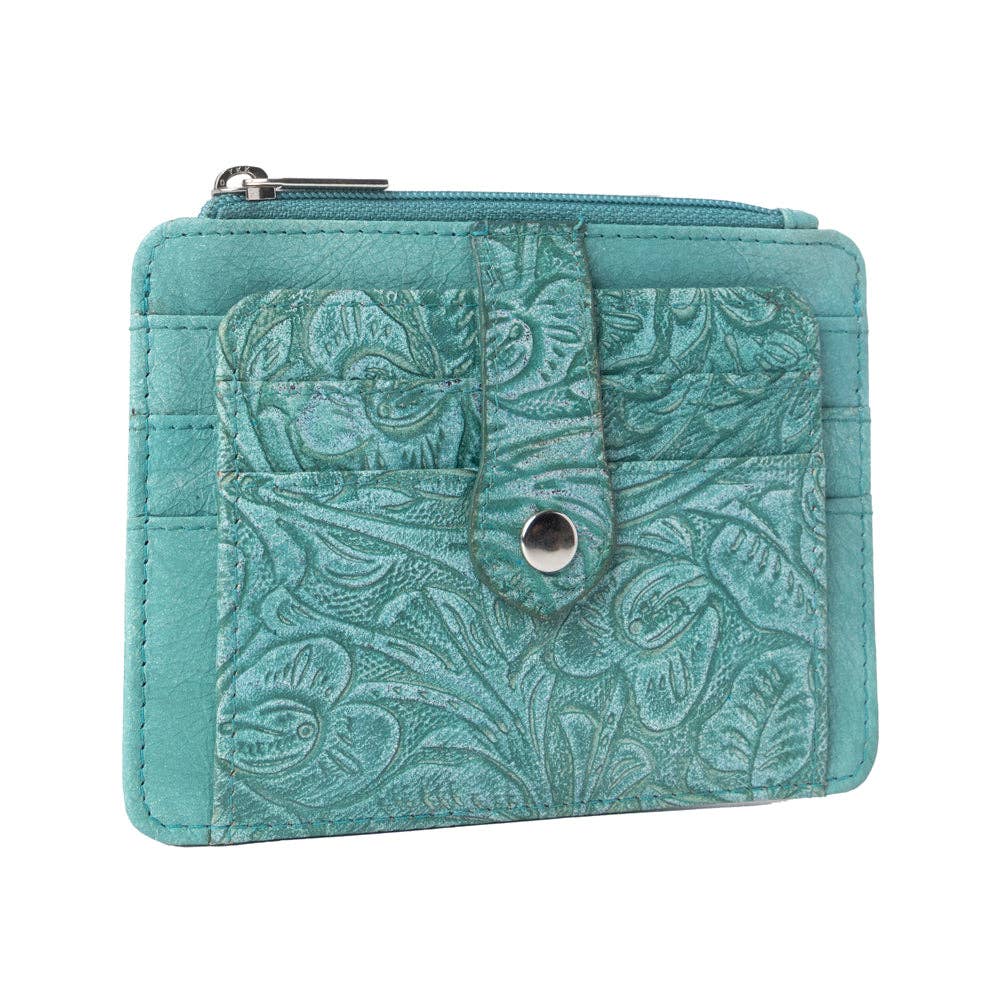 Driftwood Cove Embossed Leather RFID Card Holder - Turquoise