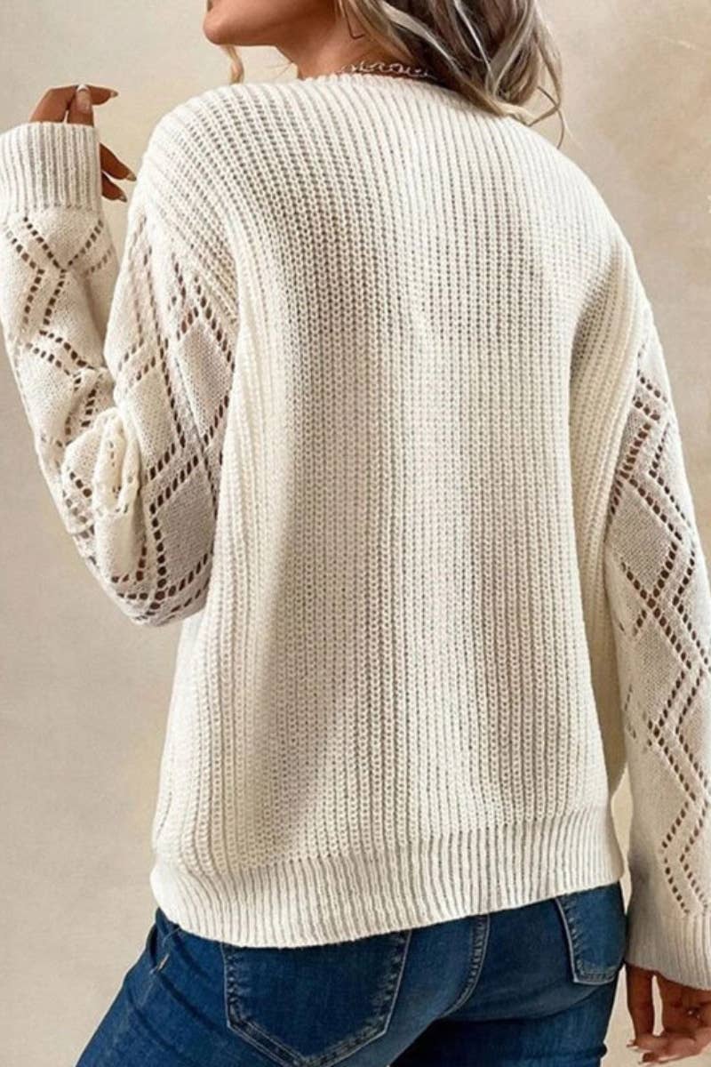 V-NECK LACE PATCHWORK LONG-SLEEVED SWEATER: Beige