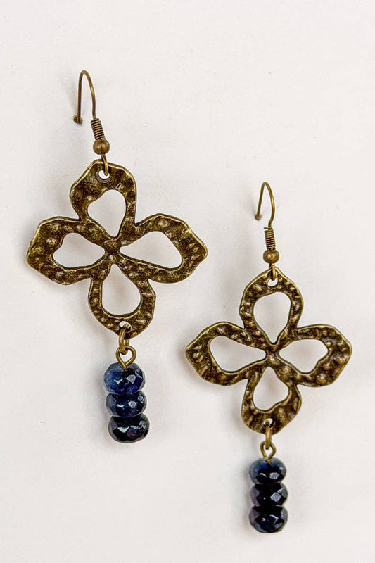 Bronze open clover drop earrings with stacked dark beads below