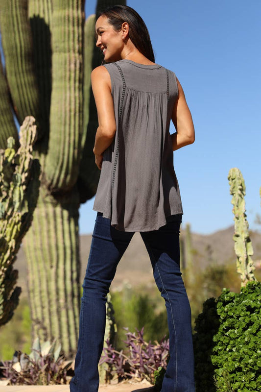 Textured V-Neck Ladder Lace Trim Hi-Low Tank - Gray, photo 2 of 4