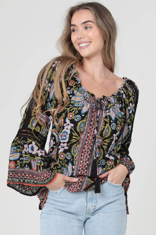 Lace Trim Bell Sleeve Printed Blouse, rayon