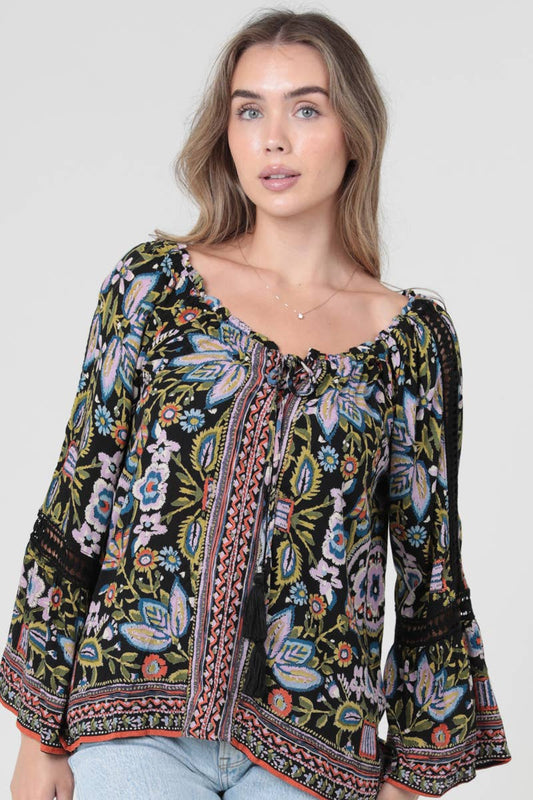 Lace Trim Bell Sleeve Printed Blouse, rayon, photo 2 of 7