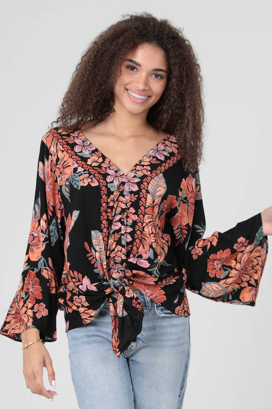 Floral V-Neck Twist-Front Tie-Waist Blouse - Black
