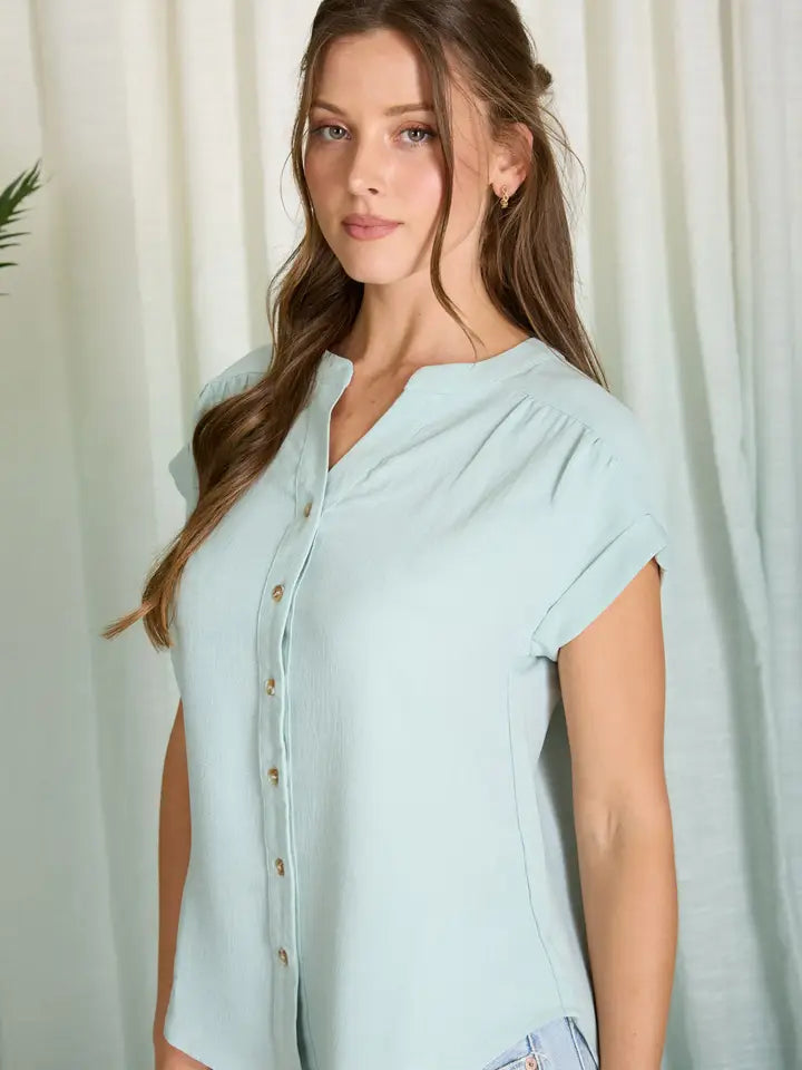 Cuffed Sleeve Button Down Lightweight Top - Mint