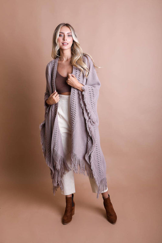 Frayed Border Bohemian Ruana: Gray