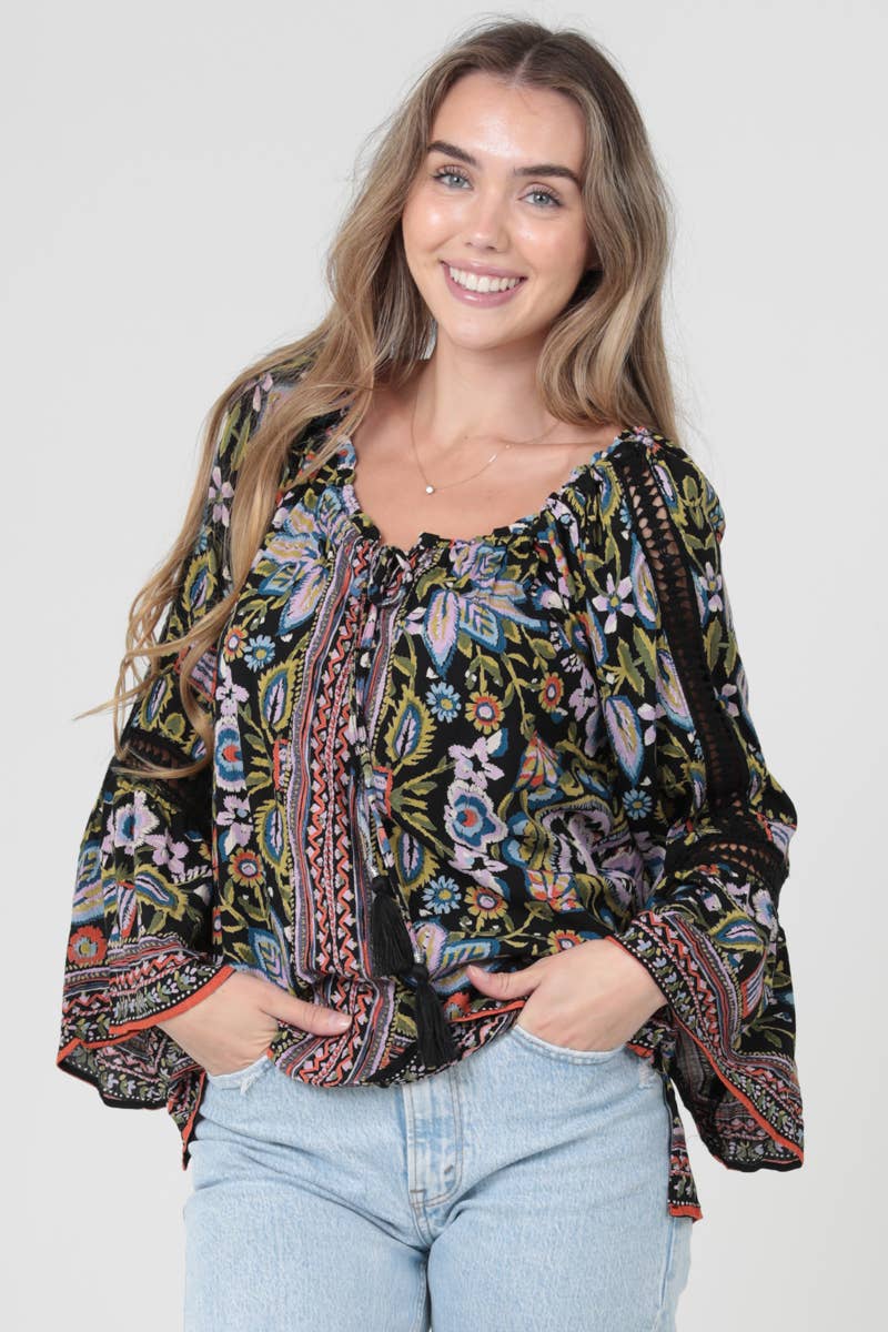 Lace Trim Bell Sleeve Printed Blouse