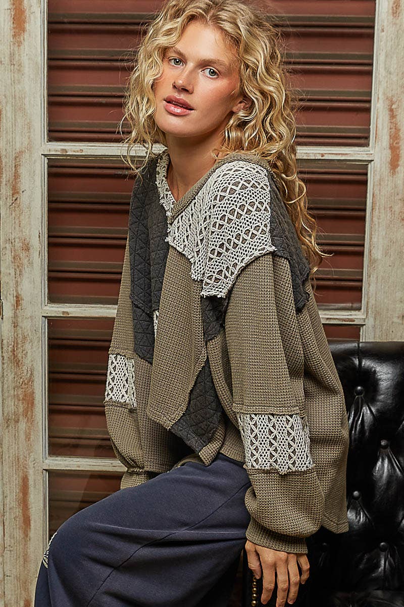 V-neck balloon sleeve relaxed fit boho Top : CHARCOAL