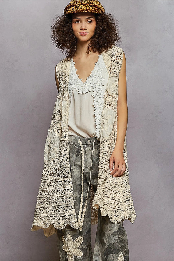 Sleeveless Varied Pattern Detail Crochet Open Cardigan
