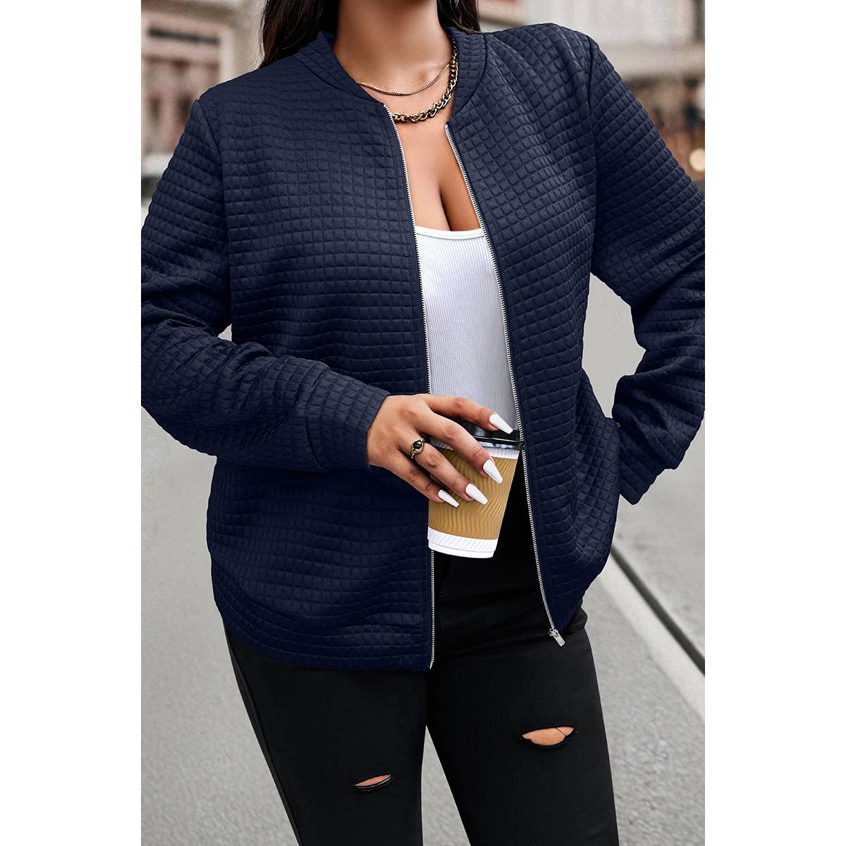 Plus Size Plain Textured Zipper Fit Jacket: NAVY