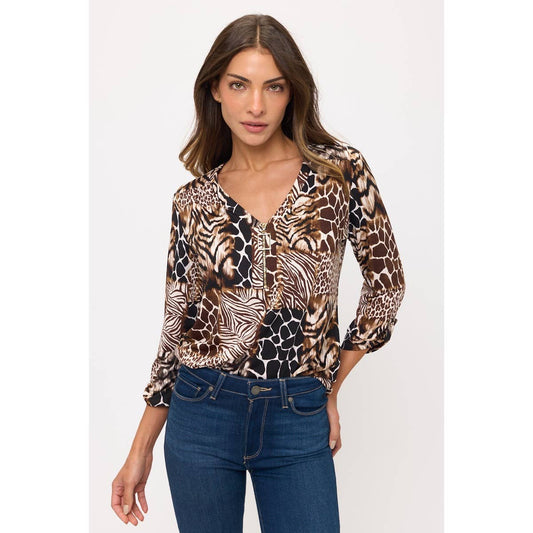 ANIMAL PRINT DTY SQUARE ZIPPER PULL ROLL TAB SHIRT: BLACK/BROWN/TAUPE