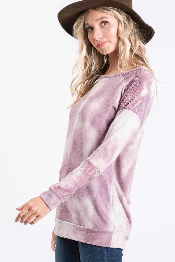 Tie Dye Sequin Contrast Top  Purple