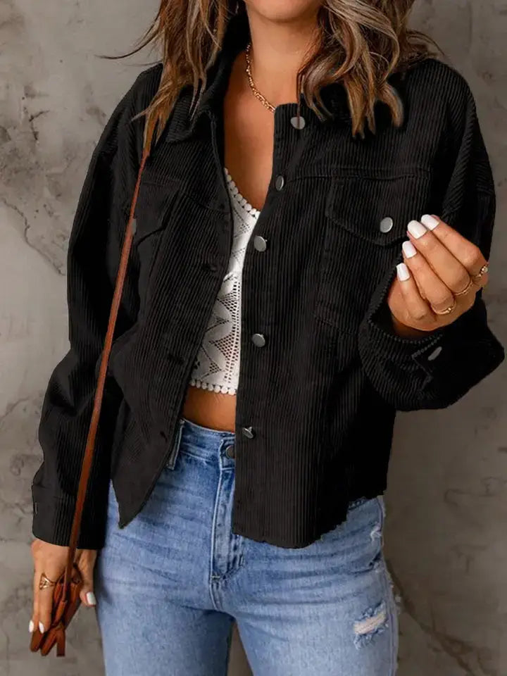 Corduroy Button Front Shacket with Flap Pockets: Black