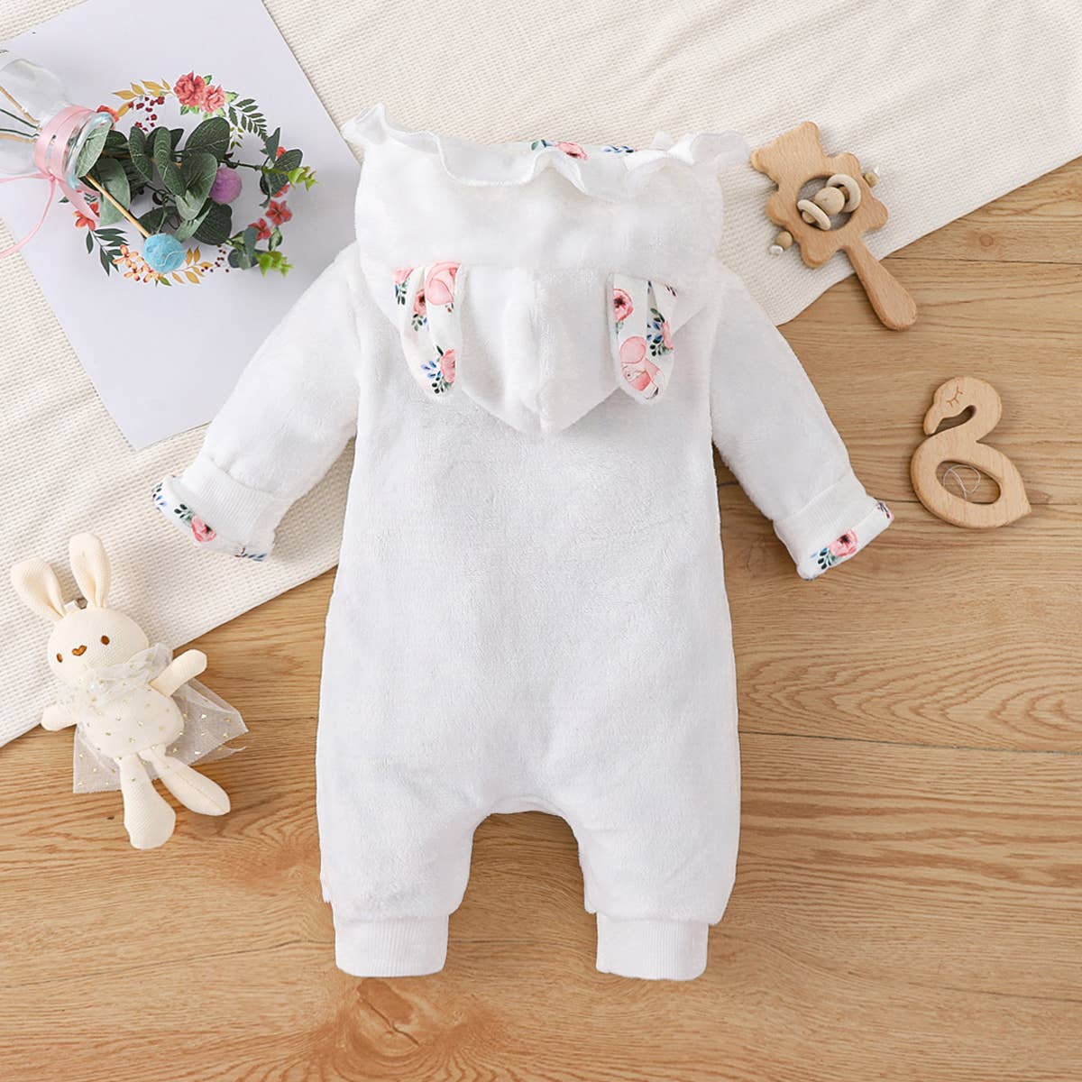 Baby Fox Embroidered 3D Ears Hooded Long-sleeve Jumpsuit: White / 0-3M
