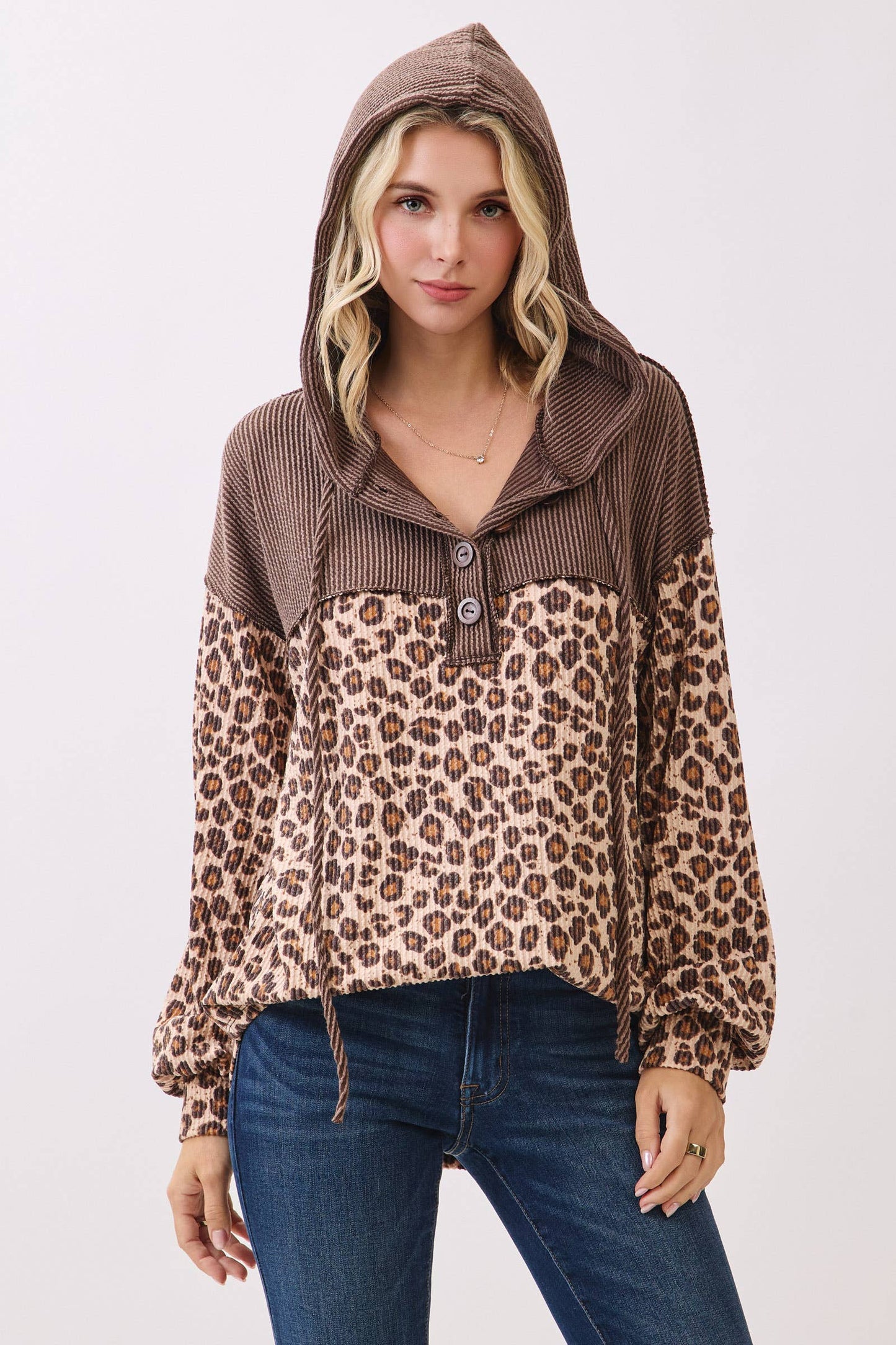 Leopard Print Button Front Drawstring Hooded Sweatshirt: Brown