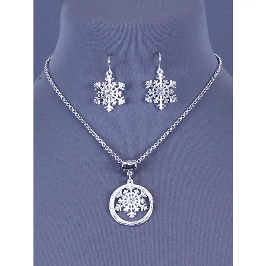 Crystal Snowflake Hammered Ring Metal Necklace Set