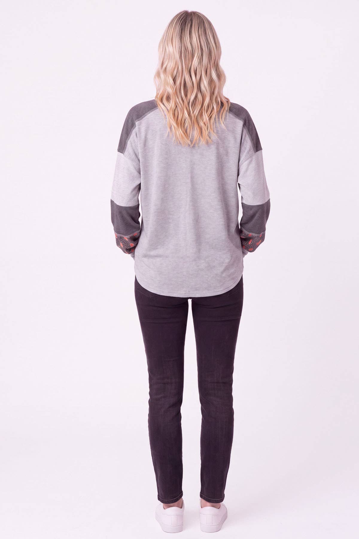 Color Block Split Neck Pullover Top  Heather Grey