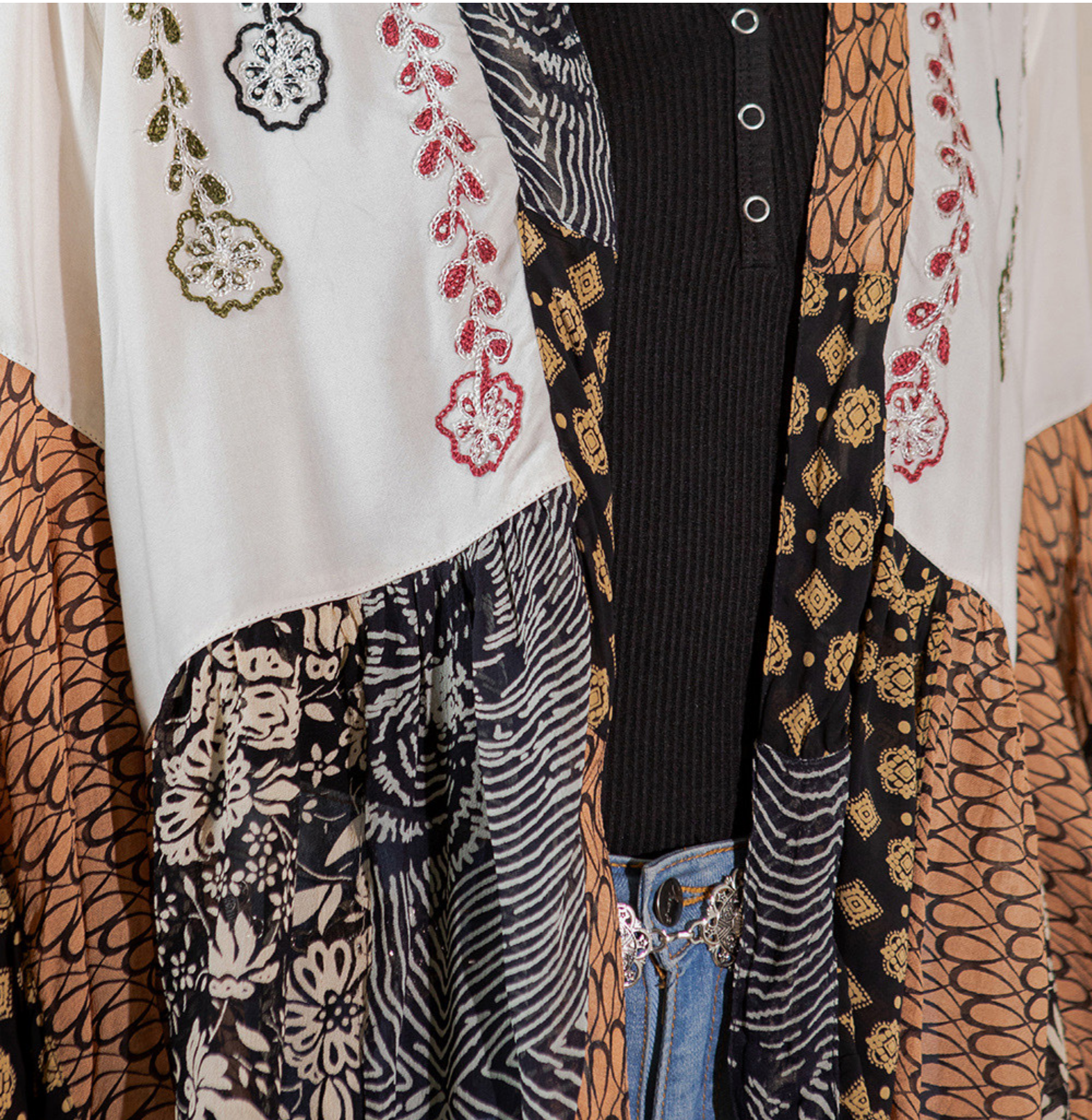 Fabric close-up of the aari embroidery and mixed patchwork prints