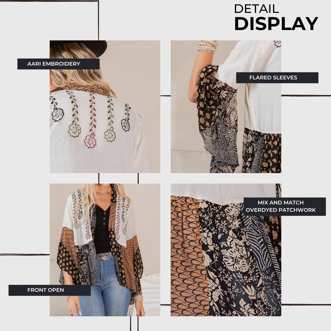 Supplier detail collage: aari embroidery, flared sleeves, open front and overdyed patchwork
