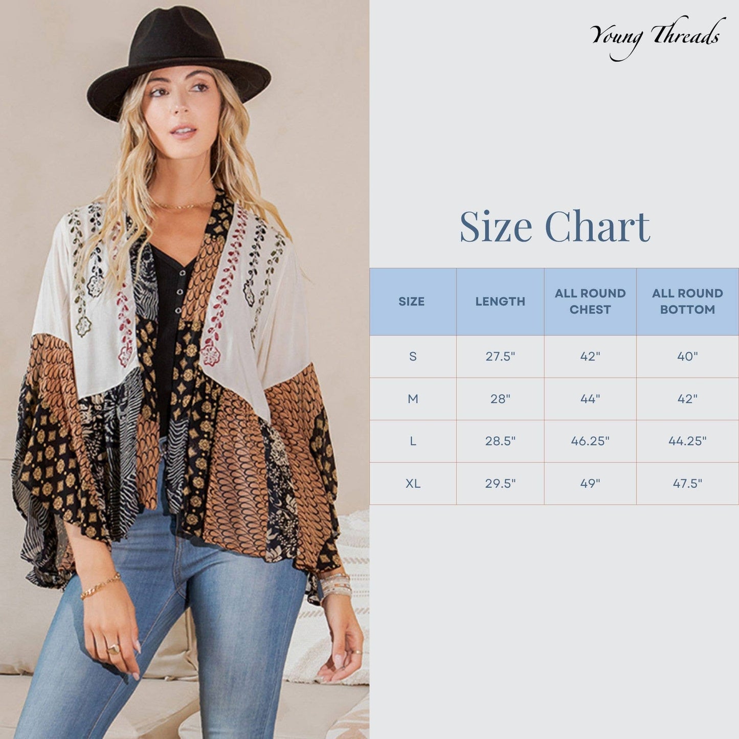 Supplier size chart for the shrug, sizes S through XL