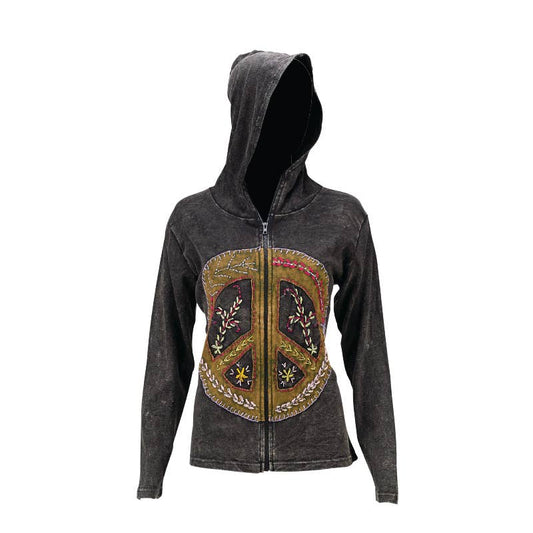 Charcoal mineral wash zip front hoodie jacket shown from the front with an embroidered peace sign on the chest