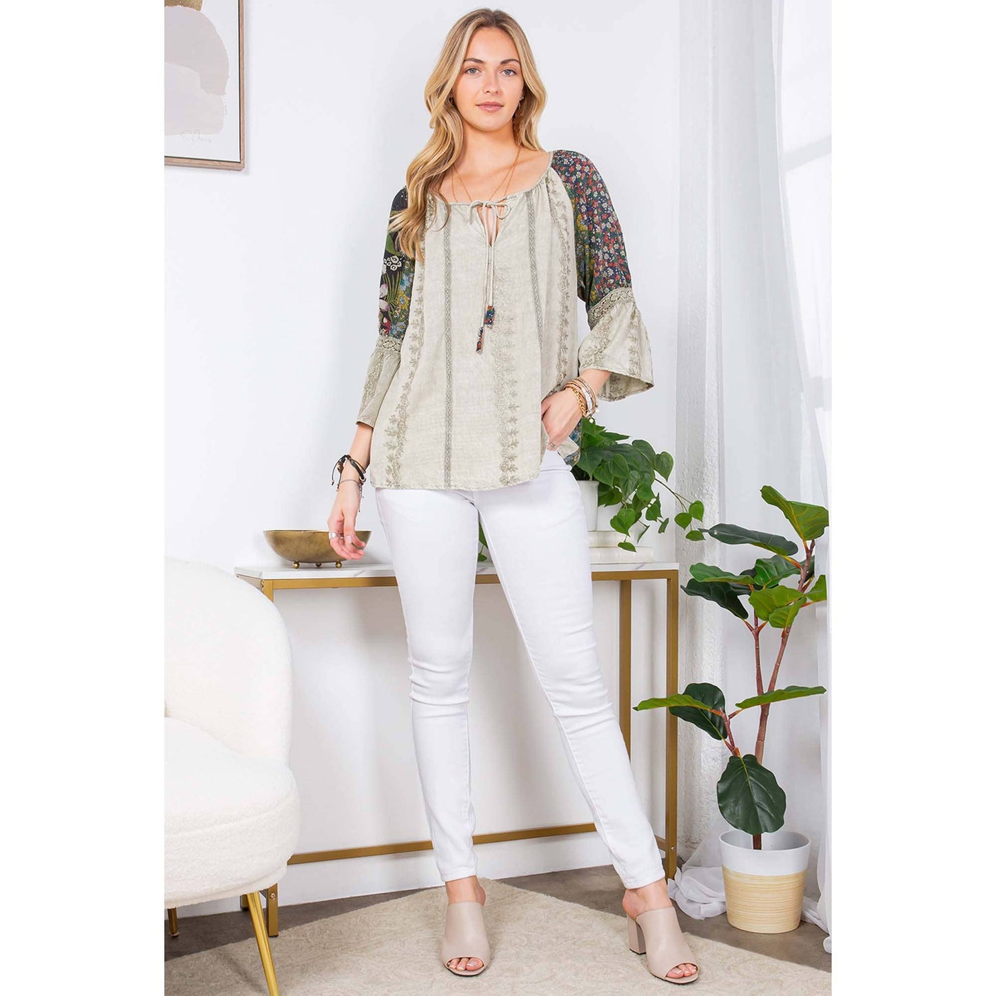 Olive overdyed rayon boho peasant top with embroidery, lace, and patchwork accents