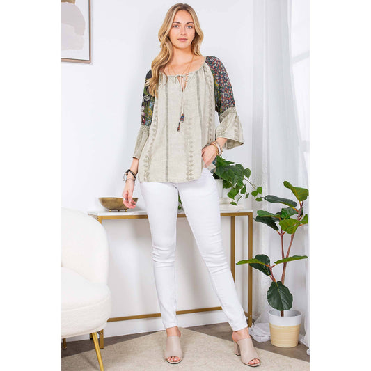Olive overdyed rayon boho peasant top with embroidery, lace, and patchwork accents